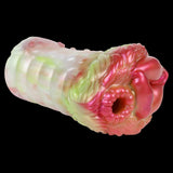 Elyraze monster stroker: long ridged body with two-hole end, glossy pink-red and pale green