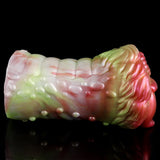 Elyraze monster stroker: textured glossy pale green and pink ridged body, angled side