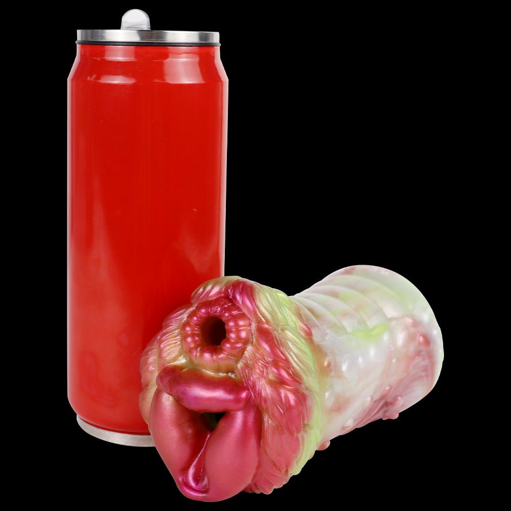 Elyraze monster stroker: glossy pink-red face with central opening and two flared side openings