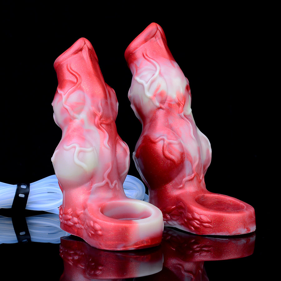 Textured red-and-pink sheath extender with ring base and novelty squiggle pattern