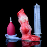 Red/white knot sheath extender beside syringe and measuring tube