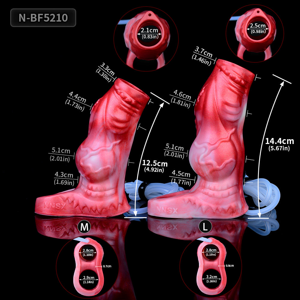 Size chart for red silicone cock sleeves: M and L, blue tube connection
