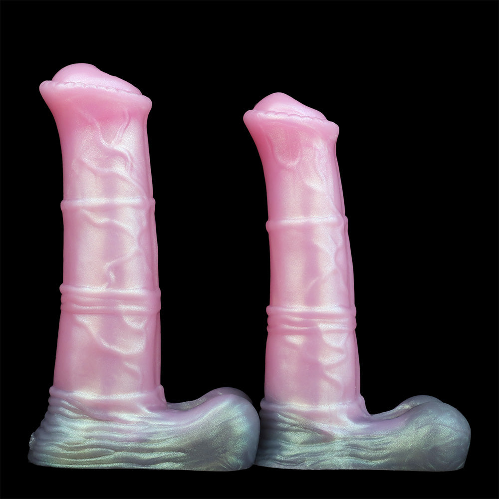 Pair of tall pink sheath-shaped pieces with iridescent hooves