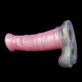 Pink long horse sheath toy with curved end and iridescent flared rim