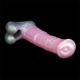 Pink and iridescent horse sheath fantasy toy, side view with rounded tip
