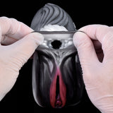 Front view of two-hole horse stroker, gray surface, pink inner folds