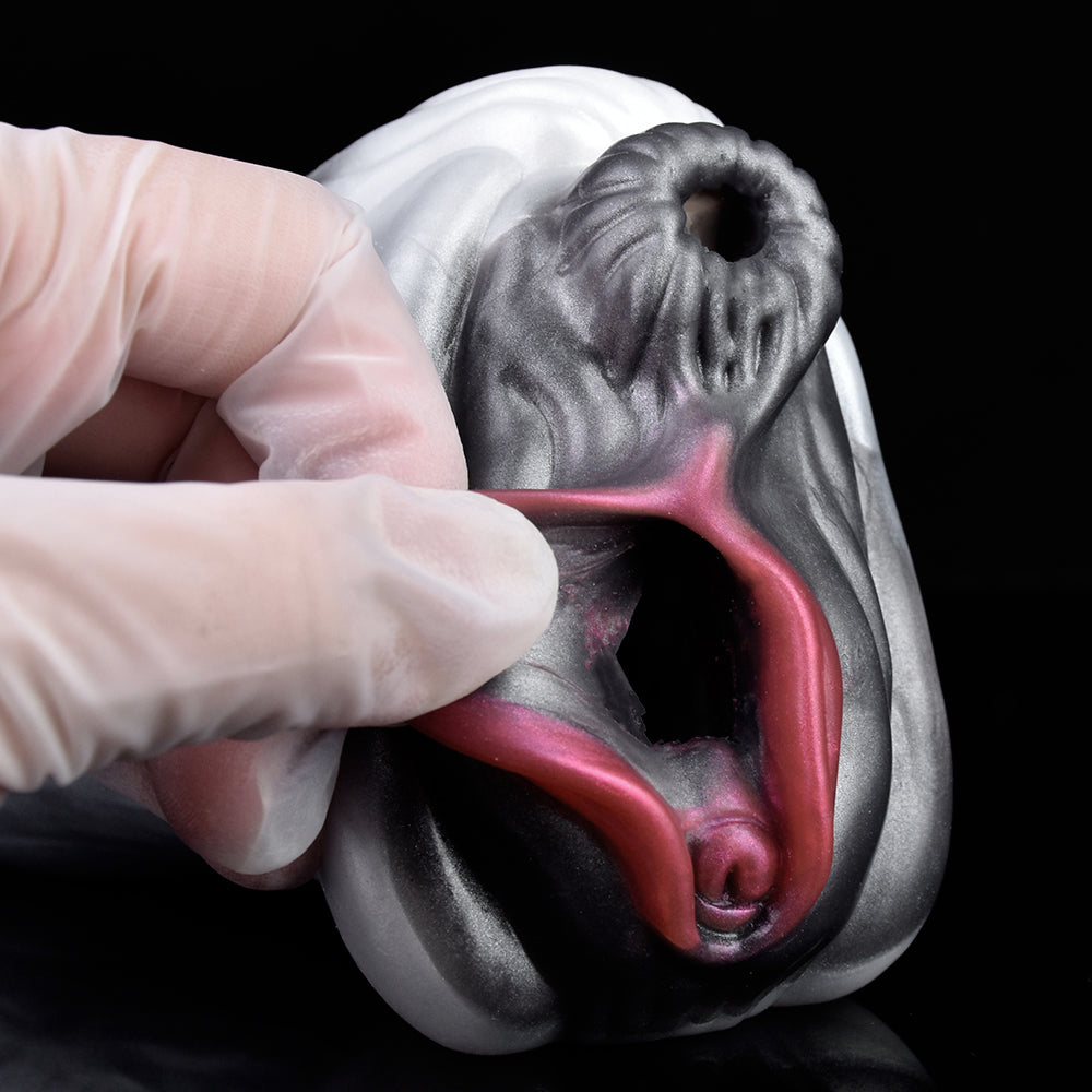 Close-up of horse stroker opening: gray rim with pink channel