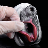 Close-up of horse stroker opening: gray rim with pink channel