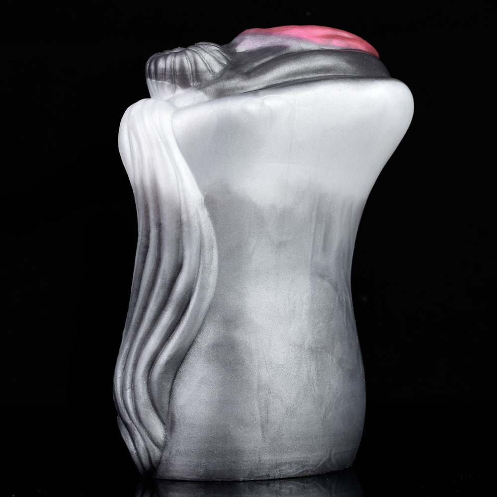 Back view of realistic horse stroker, gray exterior and pink tip