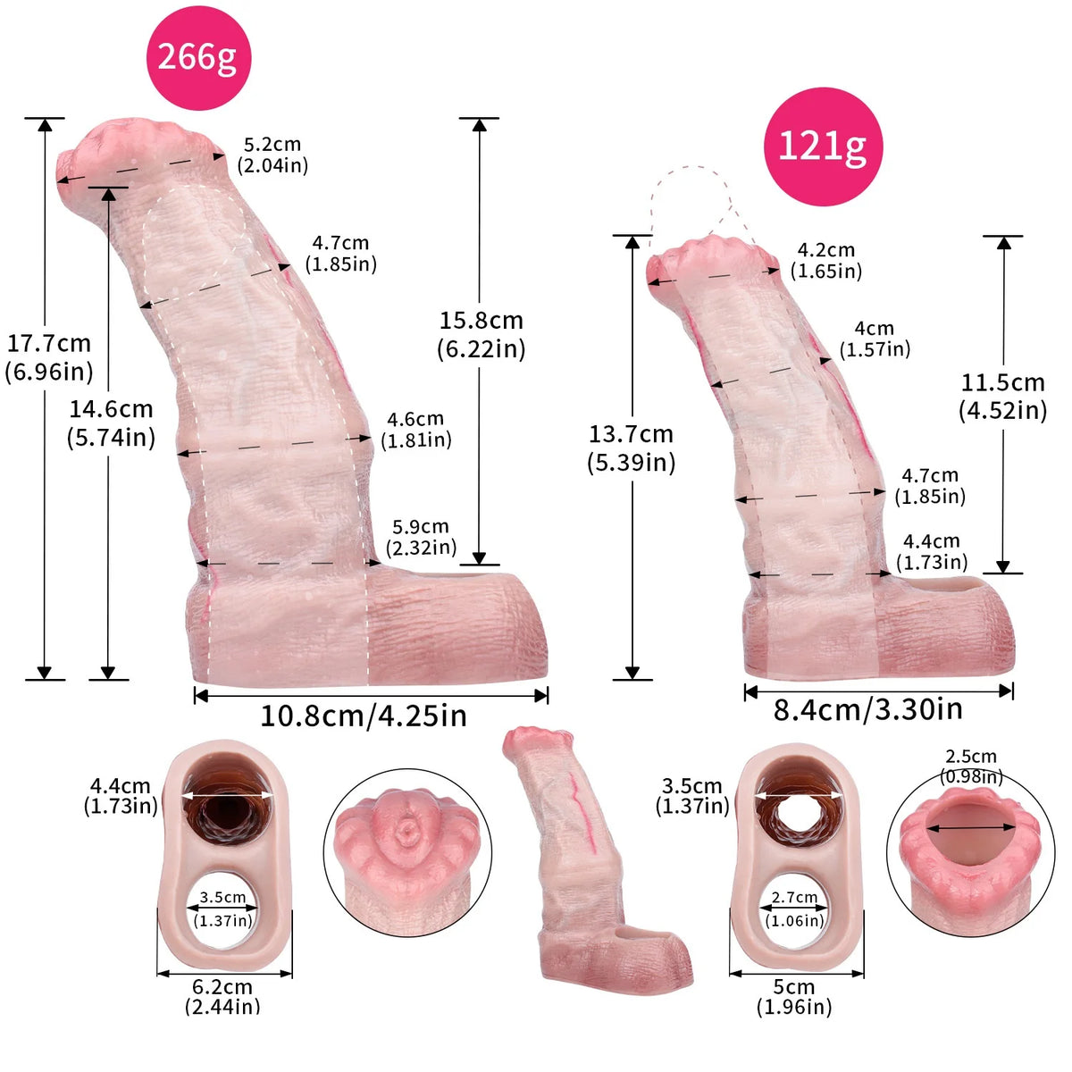 Realistic pink horse cock sleeve with closed-tip sheath, textured openings and length views