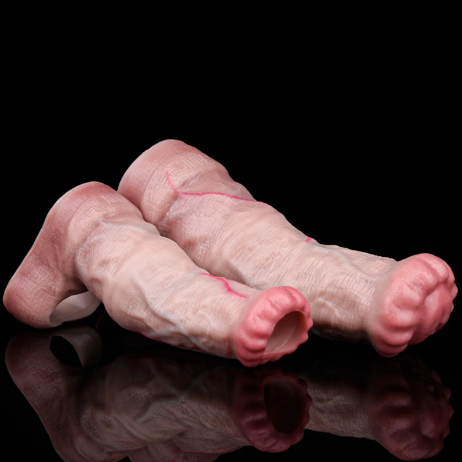 Pink horse cock sleeve, closed tip end and base detail with textured ridges