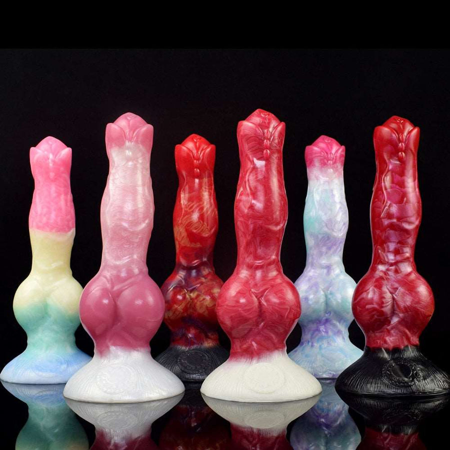 Assorted realistic canine dog dildos with knots in multiple colors with textured bases
