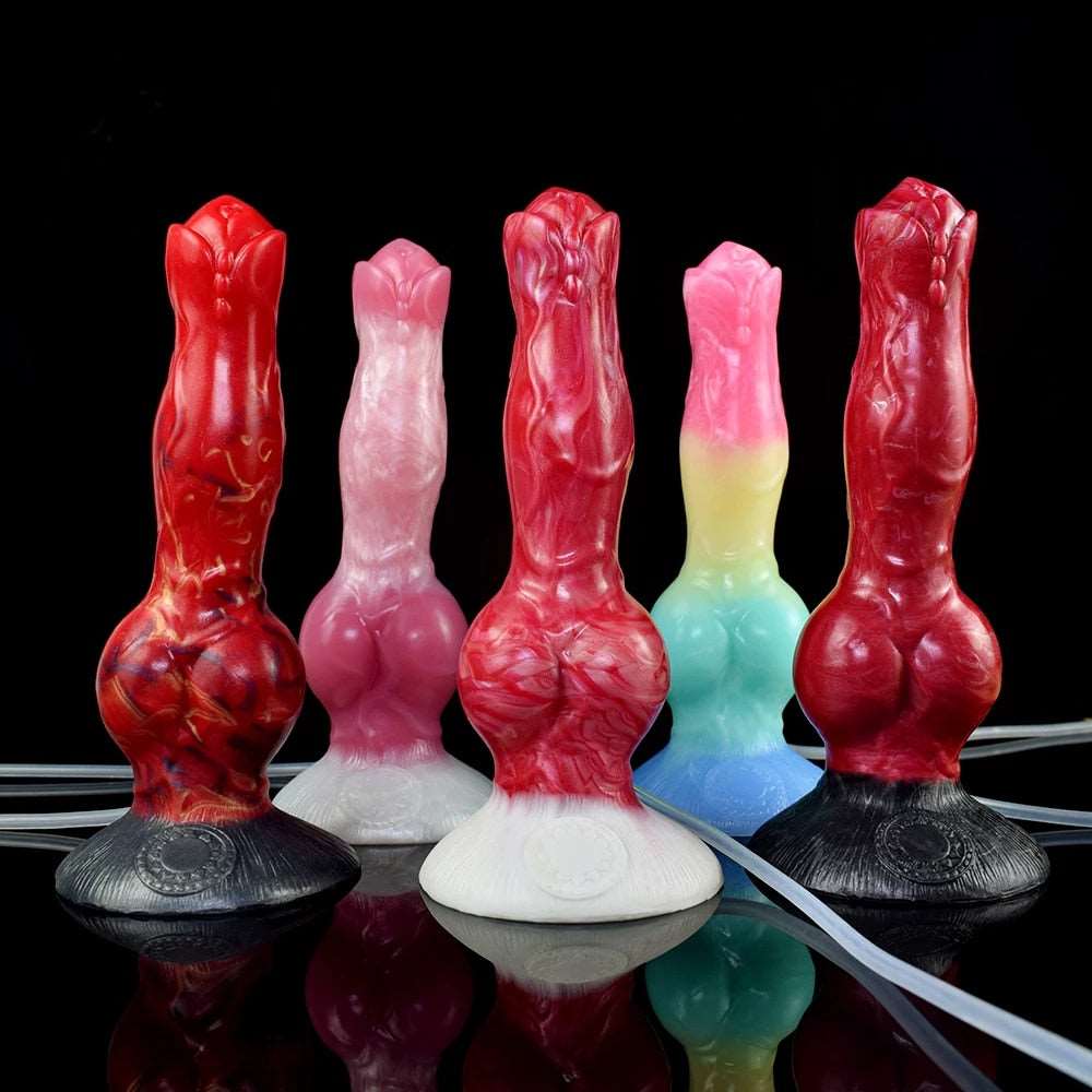 Assorted squirting canine-shaped sex toys in red, pink, white, yellow, and blue