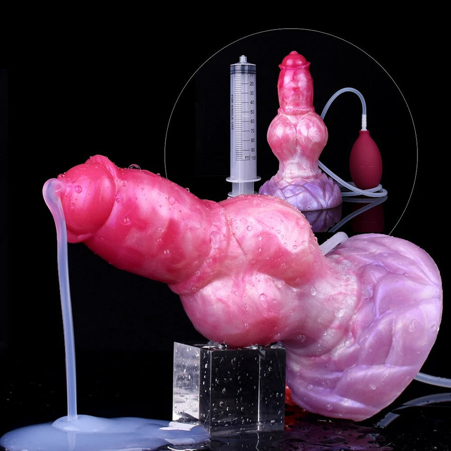 Pink and purple dog-shaped adult pleasure toy with syringe and small bulb accessories