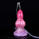 Pink and purple dog-shaped dildo with water spray, tube attached
