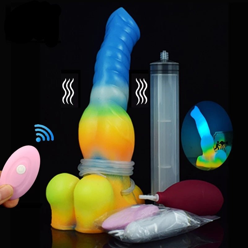 FENRIR luminous wolf vibrator set with remote control and spray components in rainbow colors