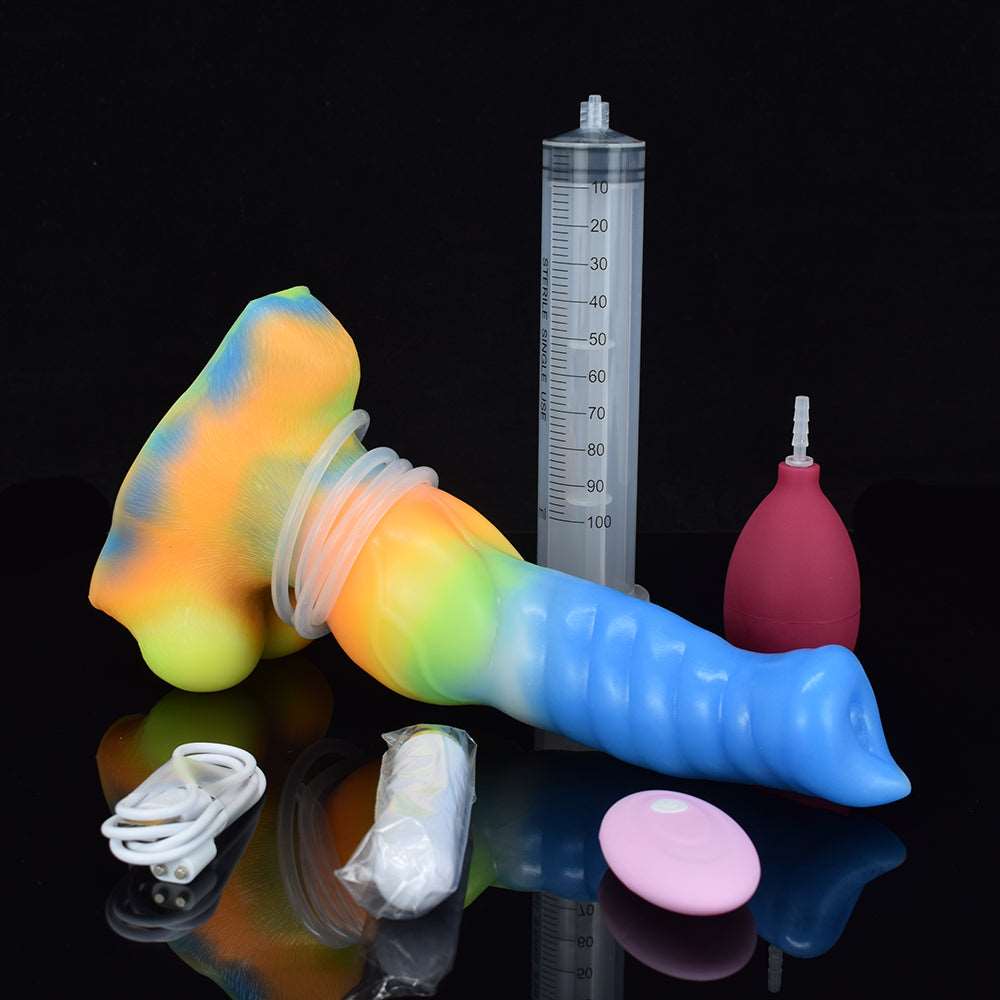 Wolf-Vibrator mit Regenbogen-Design neben Zubehör und Messskala