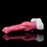 Horizontal view of large wolf vibrator, pink textured body with white base