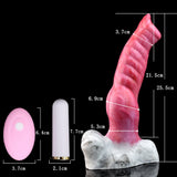 Wolf vibrator with size diagram: pink body, white base and ridged shape