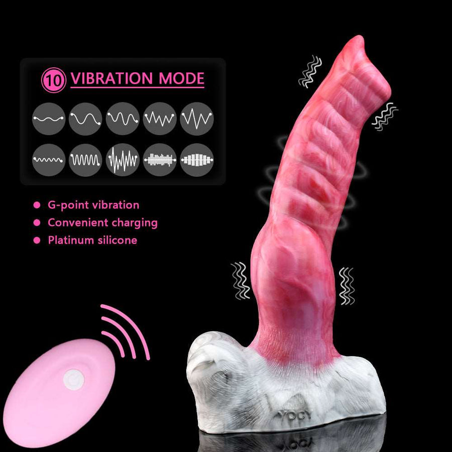 Vibrating wolf-shaped silicone dildo with vibration modes; pink body and white base