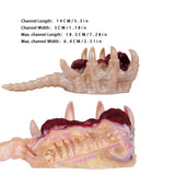 Facehugger fleshlight side profile with pale grips and maroon channel; sizing guide shown
