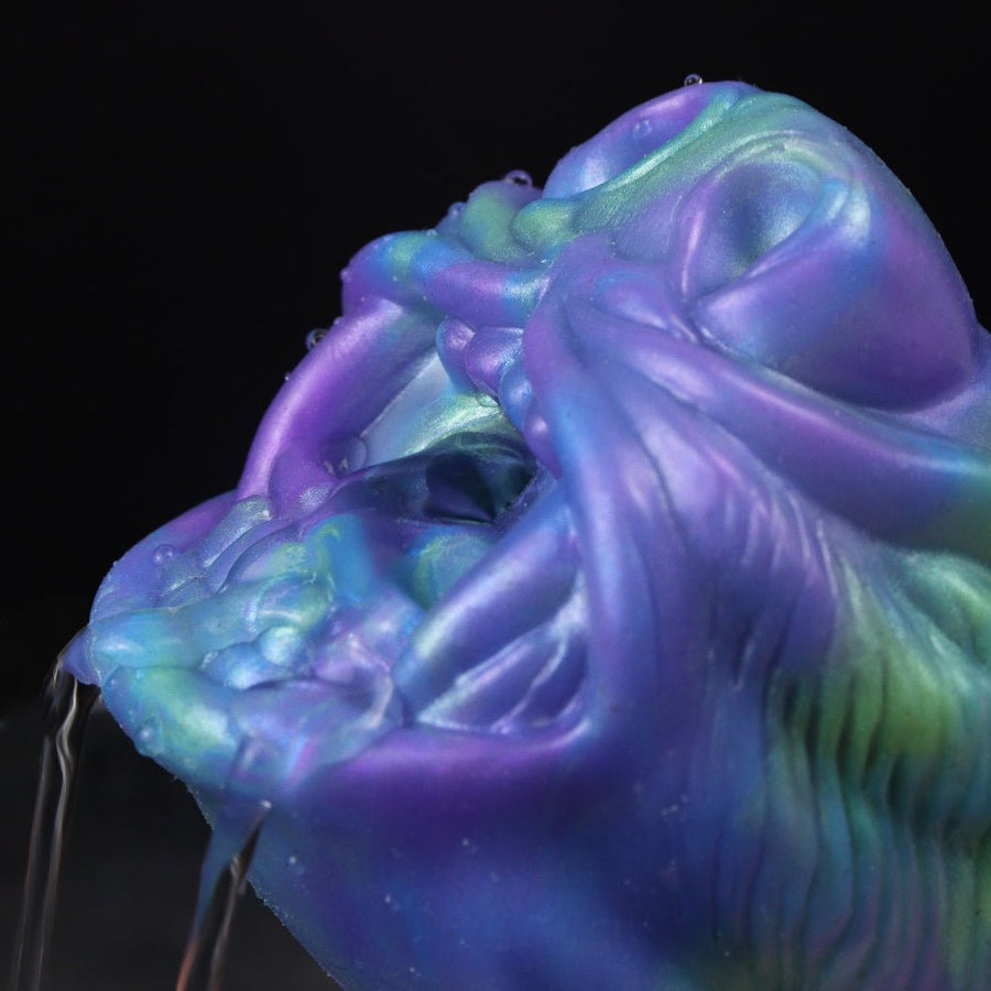 Iridescent wolf muzzle masturbator close-up with curled purple-blue ridges