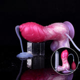 Pink-and-purple unicorn squirting dildo with clear tube, plus suction base on support.