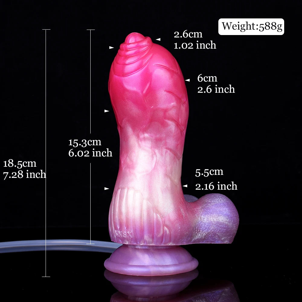 Unicorn squirting dildo dimensions shown: 18.5 cm height; weight 588 g.