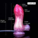 Unicorn squirting dildo dimensions shown: 18.5 cm height; weight 588 g.