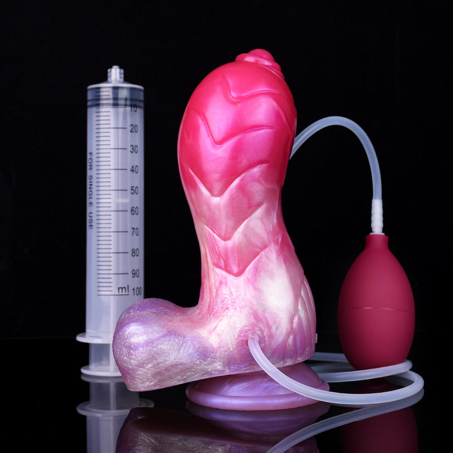 Unicorn-themed squirting dildo with measuring syringe and pump bulb, magenta and purple