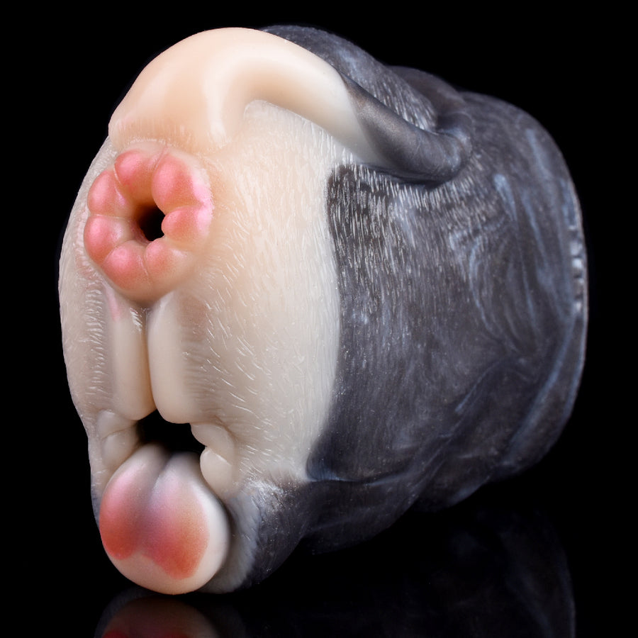 Realistic fawn animal stroker with pink openings, gray fur texture, angled front close-up