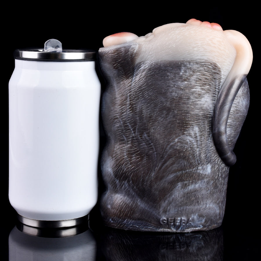 Realistic fawn animal stroker with gray fur texture, shown with white bottle accessory