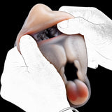 Realistic fawn-shaped silicone stroker with dark tail, partly covered by hands