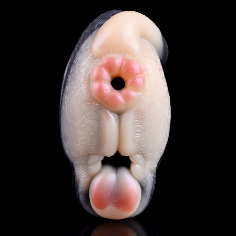 Fawn-shaped silicone stroker with visible pink nose pad and central opening