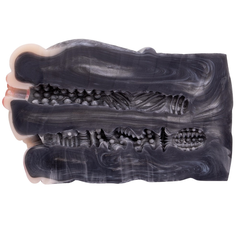 Realistic animal stroker with ribbed ridges and textured surface, dark gray