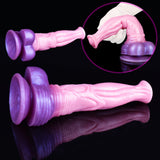 Felix fantasy horse dildo with inset close-up, pink shaft and purple flared base.