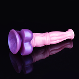 Felix dildo close-up side: glossy pink shaft, purple base, ribbed molded texture.