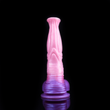 Felix fantasy horse dildo rear view: pink tapered shaft with stacked purple ring base.