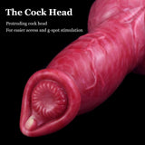 Pink textured cock head end of dog-style dildo with open tip