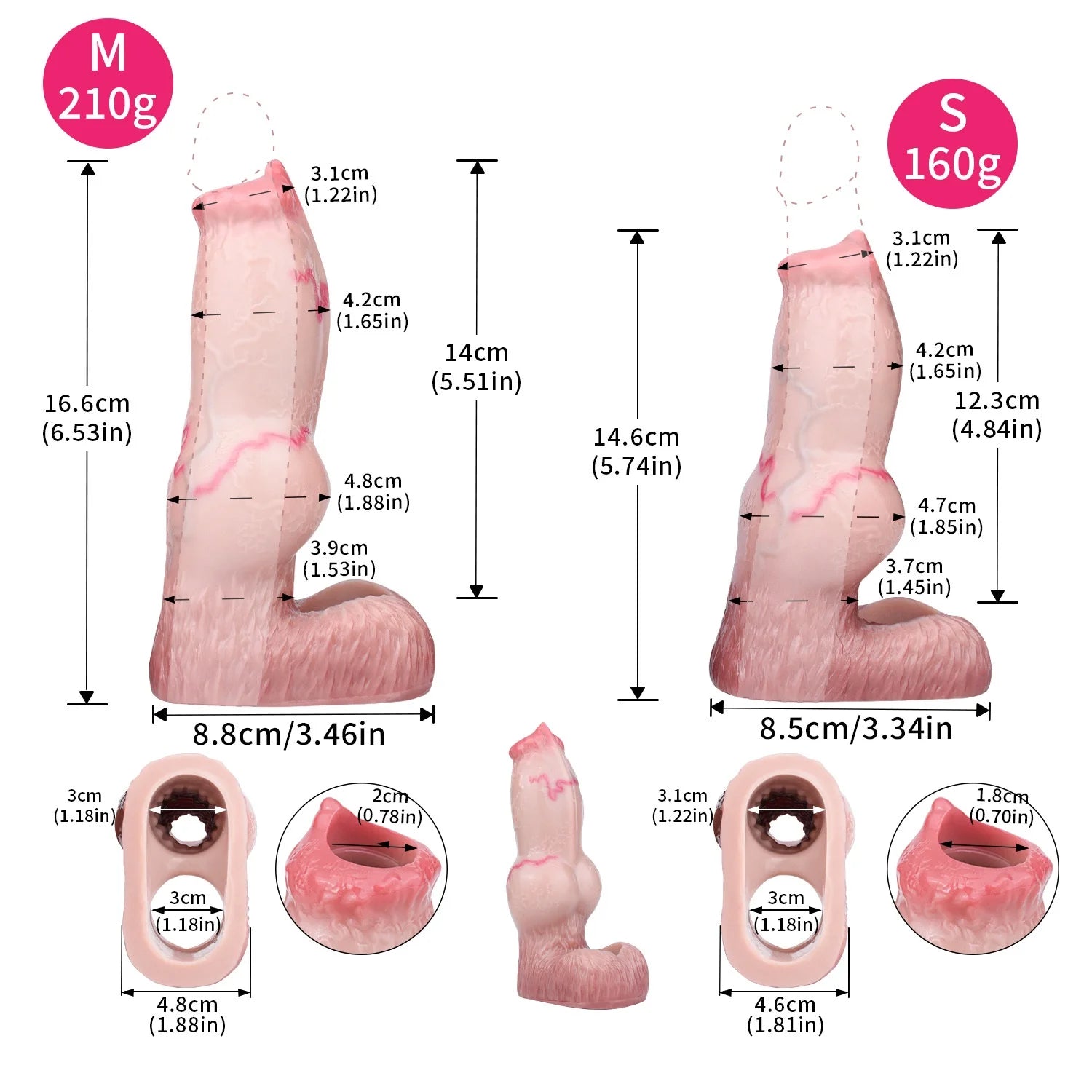 Size chart for realistic silicone penis sleeves: M 210g and S 160g with measurements