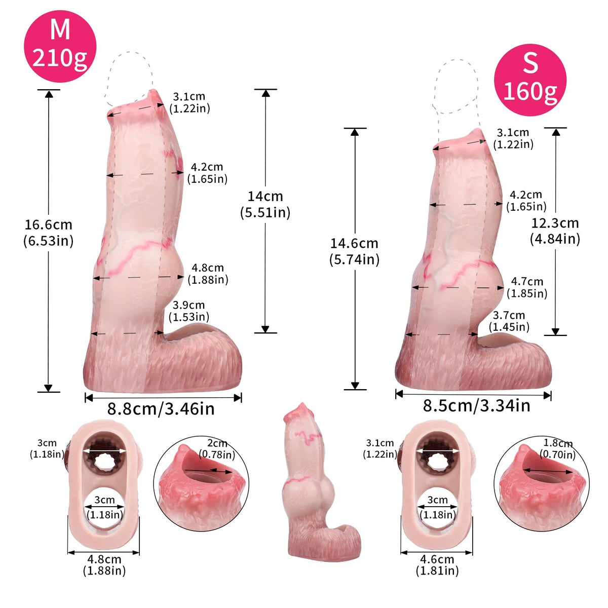 Size chart for realistic silicone penis sleeves: M 210g and S 160g with measurements