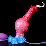 Rosa Pferde-Dildo mit rotem Kopf und blauer Basis; angeschlossener Schlauch