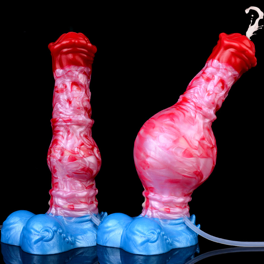 Horse-shaped inflatable adult toy, red/pink textured body and blue base, side view with tube