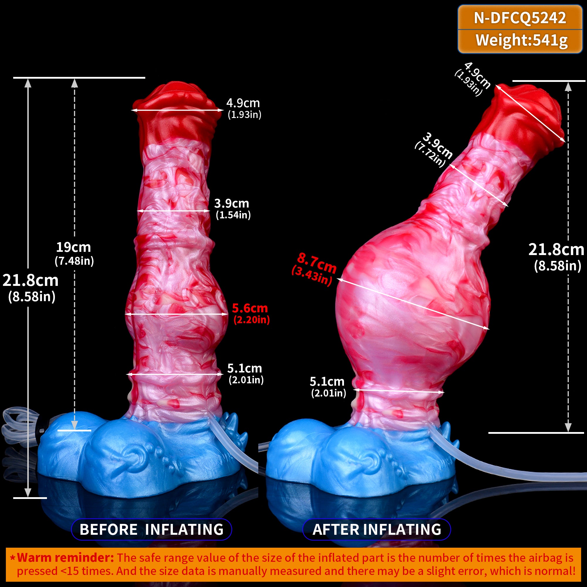 Erweiterbarer Pferde-Dildo mit rotem Kopf, rosafarbenem Körper und blauer Basis