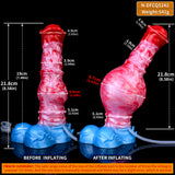 Erweiterbarer Pferde-Dildo mit rotem Kopf, rosafarbenem Körper und blauer Basis