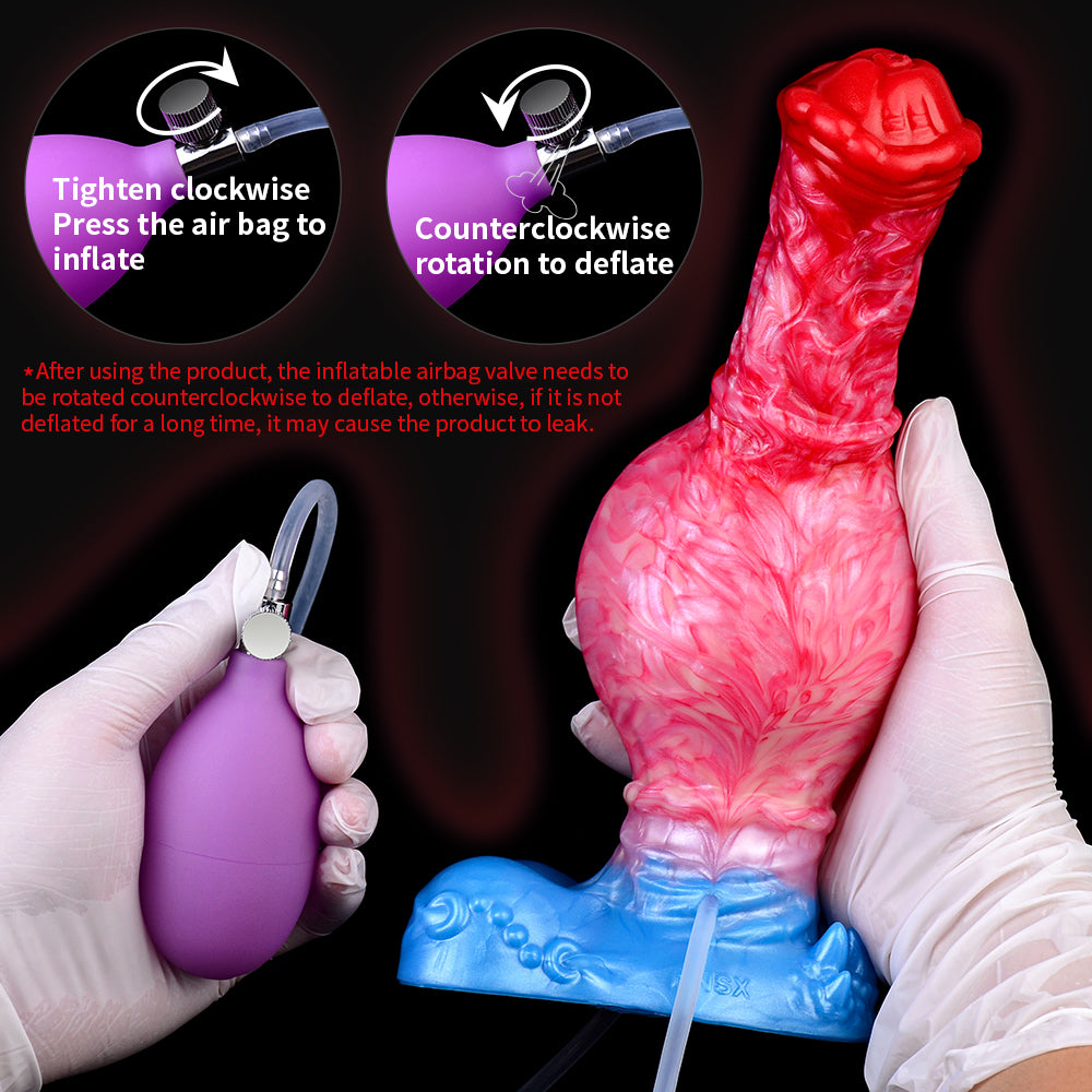 Pferde-Dildo mit rotem Kopf, rosafarbenem Körper und blauer Basis; Luftventil am Schlauch