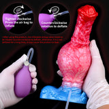 Pferde-Dildo mit rotem Kopf, rosafarbenem Körper und blauer Basis; Luftventil am Schlauch