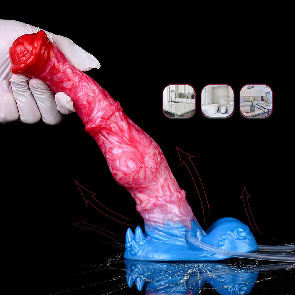 Rosafarbener Pferde-Dildo mit rotem Kopf auf blauer Basis; Aufpumpen in Handschuhen