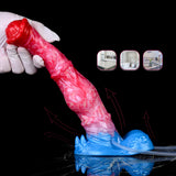 Rosafarbener Pferde-Dildo mit rotem Kopf auf blauer Basis; Aufpumpen in Handschuhen