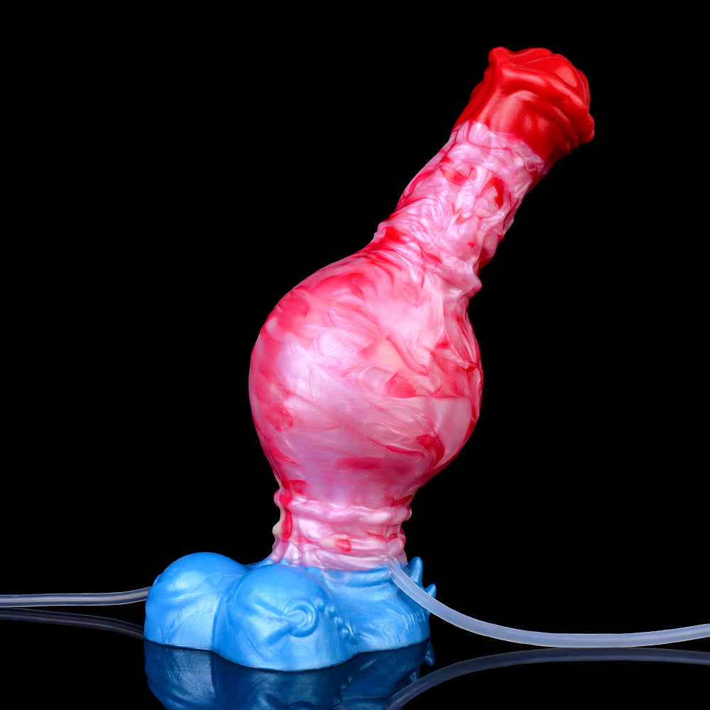 Pferde-Dildo mit rotem Kopf, rosafarbenem Körper und blauer Basis; klarer Schlauch